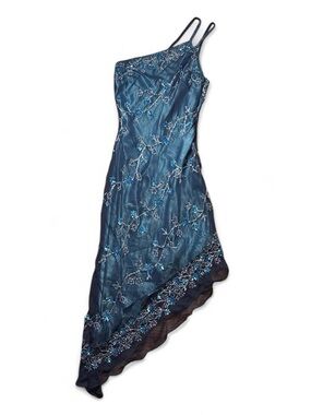 Vintage 90s Asymmetrical Blue Beaded Silk Dress by Scala